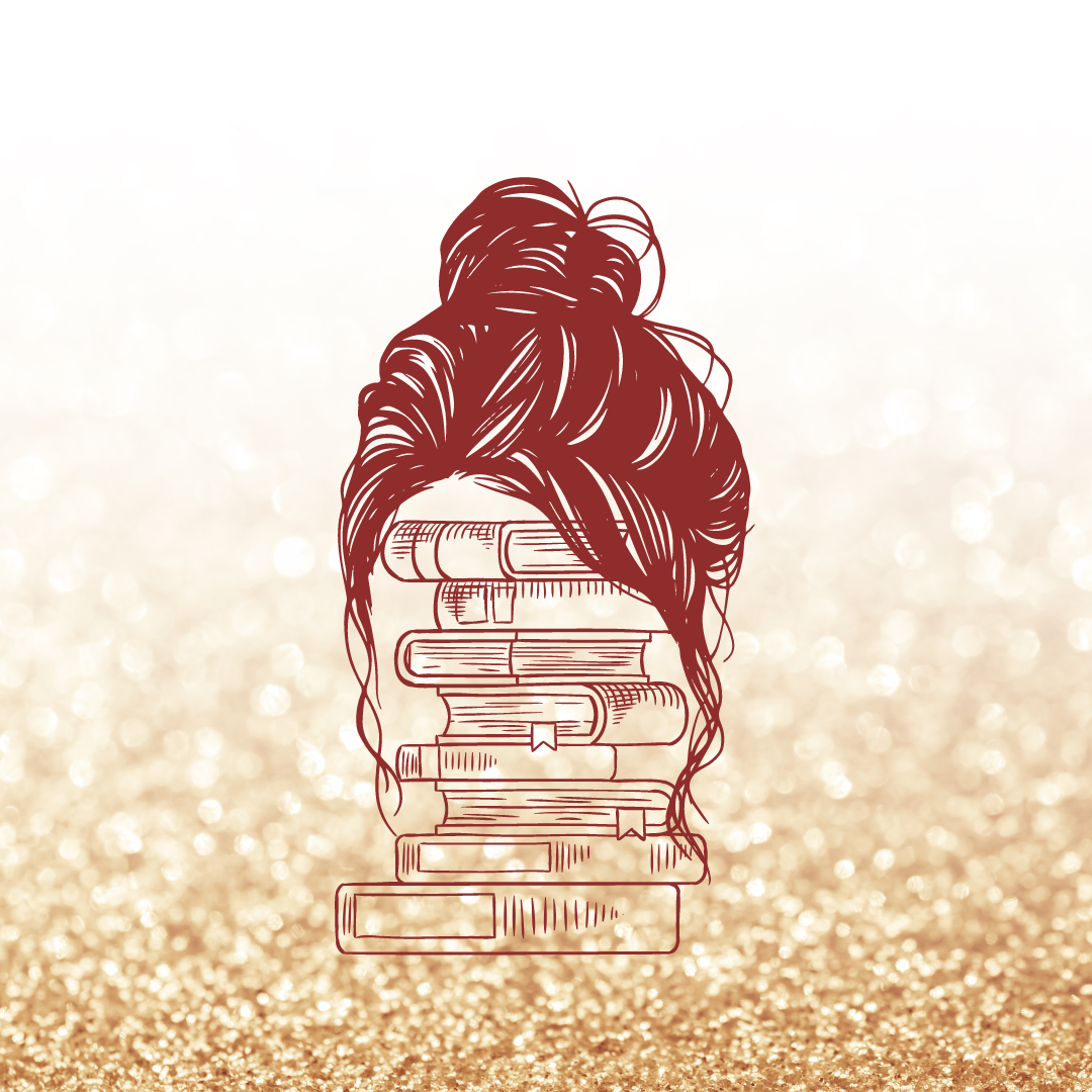 Gold glittery background with a white outline stack of books with redhead messy bun on top.
